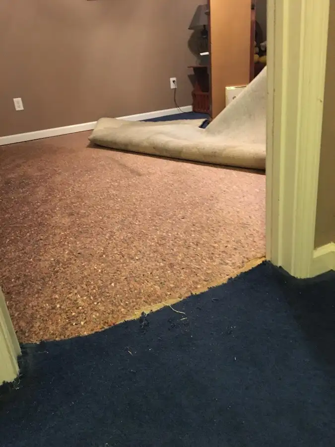 Carpet pad removal revealing water damage during Drying & Dehumidification in Valley Stream